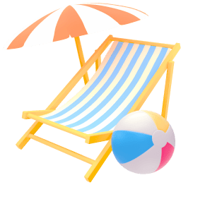 A beach chair, umbrella and ball